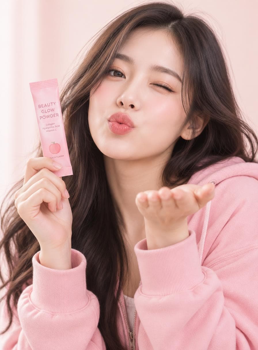 A Pop Star blowing a kiss while holding a Popelle sachet
