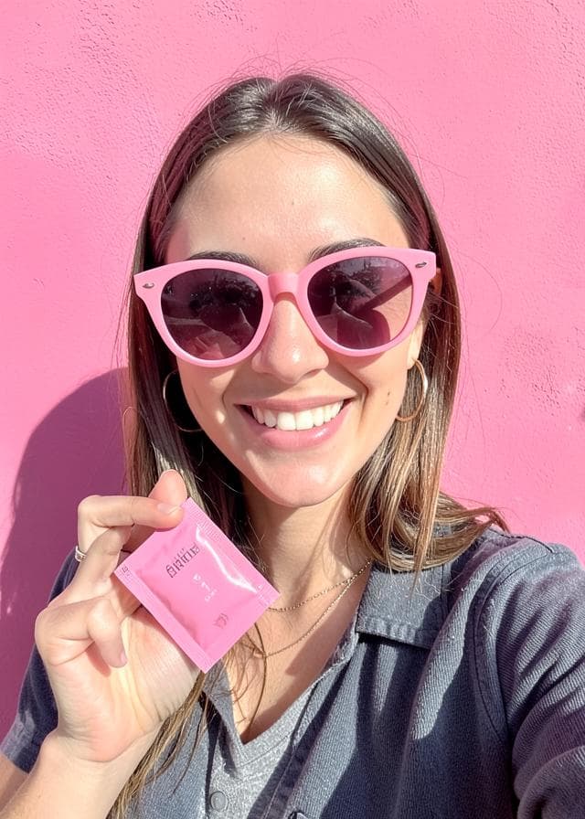 A creator smiling with a Popelle sachet against a pink wall