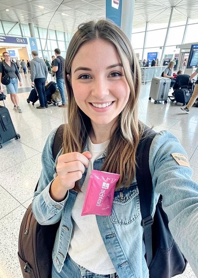 A creator holding a Popelle sachet at an airport
