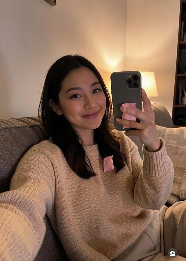 A creator filming herself at home with a Popelle sachet