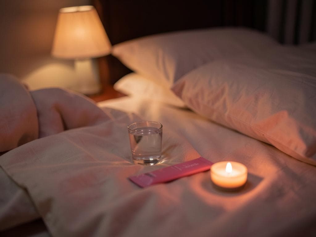 A Popelle sachet on a bedside table at night